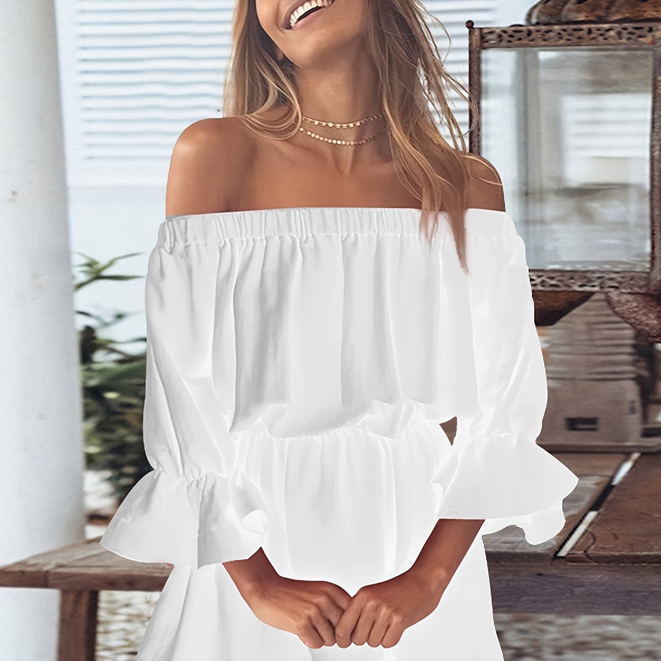 gbolsos  Solid Off Shoulder Lantern Sleeve Dress, Casual Summer Pleated Mini Dress, Women's Clothing