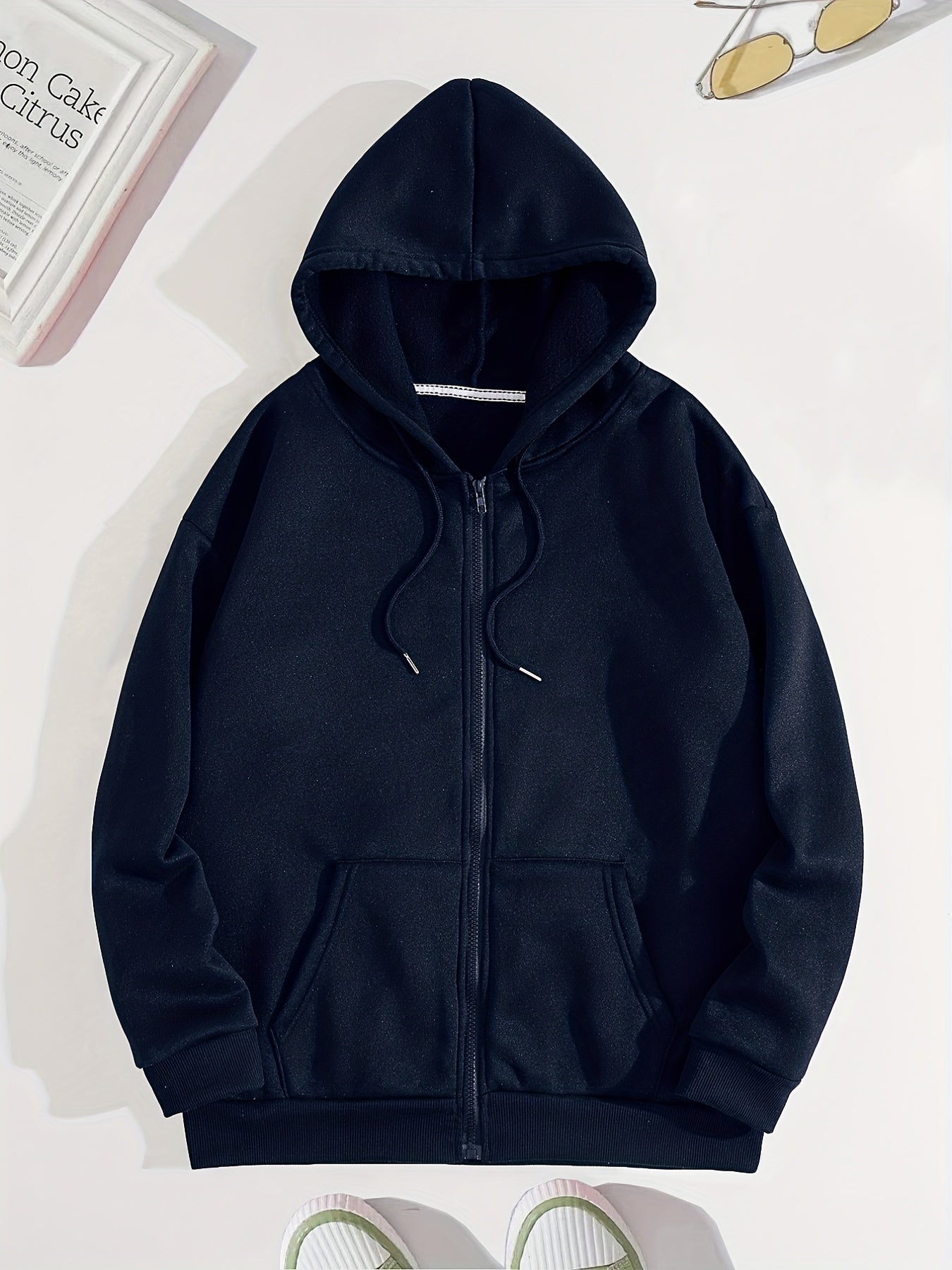 gbolsos  Zip Up Solid Hoodies, Casual Long Sleeve Kangaroo Pocket Drawstring Sweatshirt, Women's Clothing