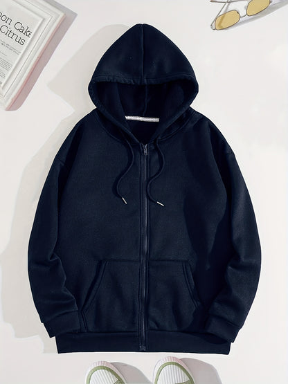 gbolsos  Zip Up Solid Hoodies, Casual Long Sleeve Kangaroo Pocket Drawstring Sweatshirt, Women's Clothing
