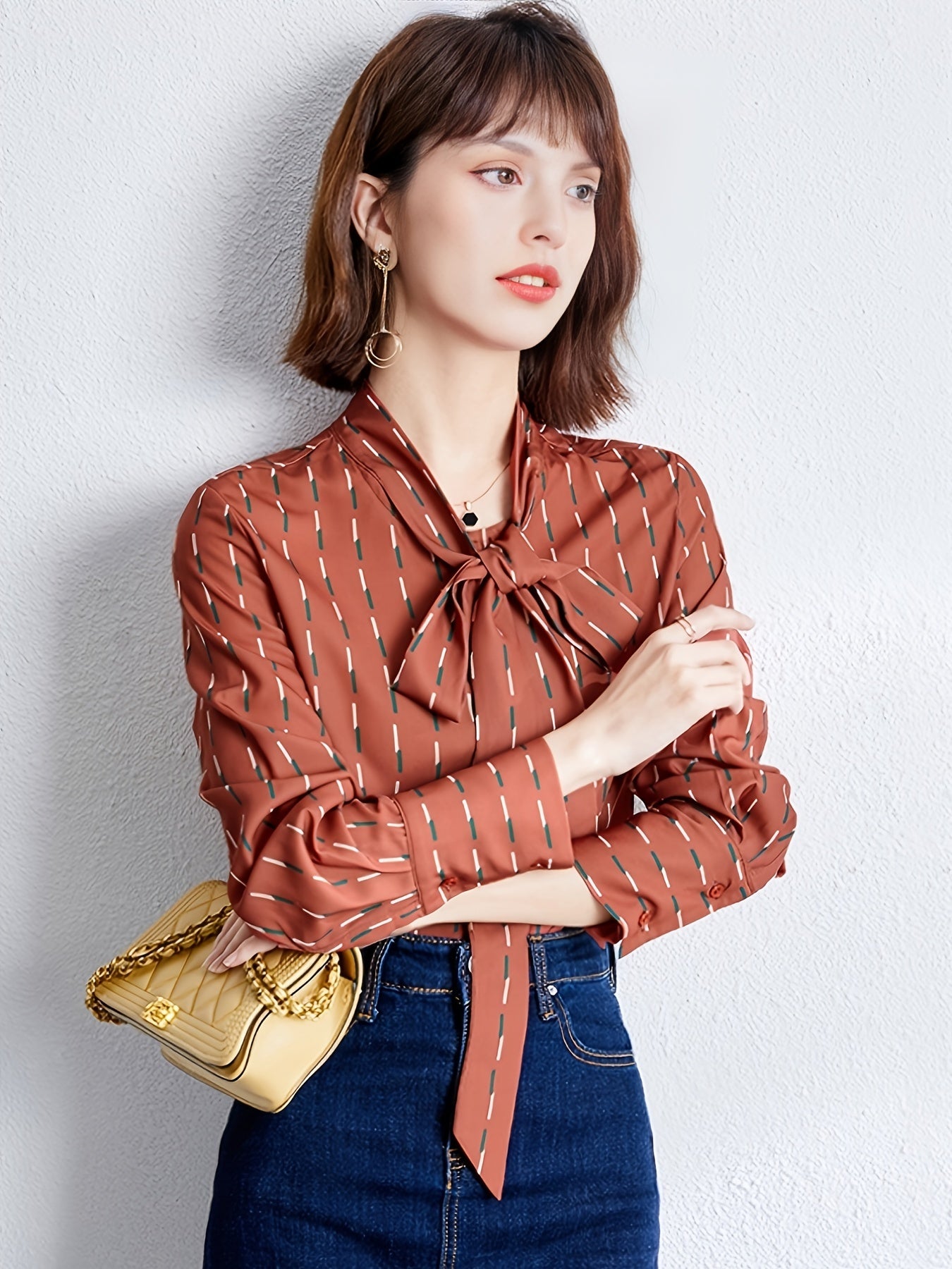 gbolsos  Bow Tie Striped Blouse, Elegant Long Sleeve Stand Collar Blouse, Women's Clothing