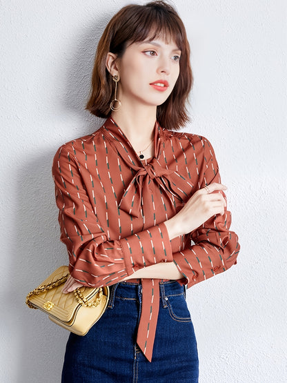 gbolsos  Bow Tie Striped Blouse, Elegant Long Sleeve Stand Collar Blouse, Women's Clothing