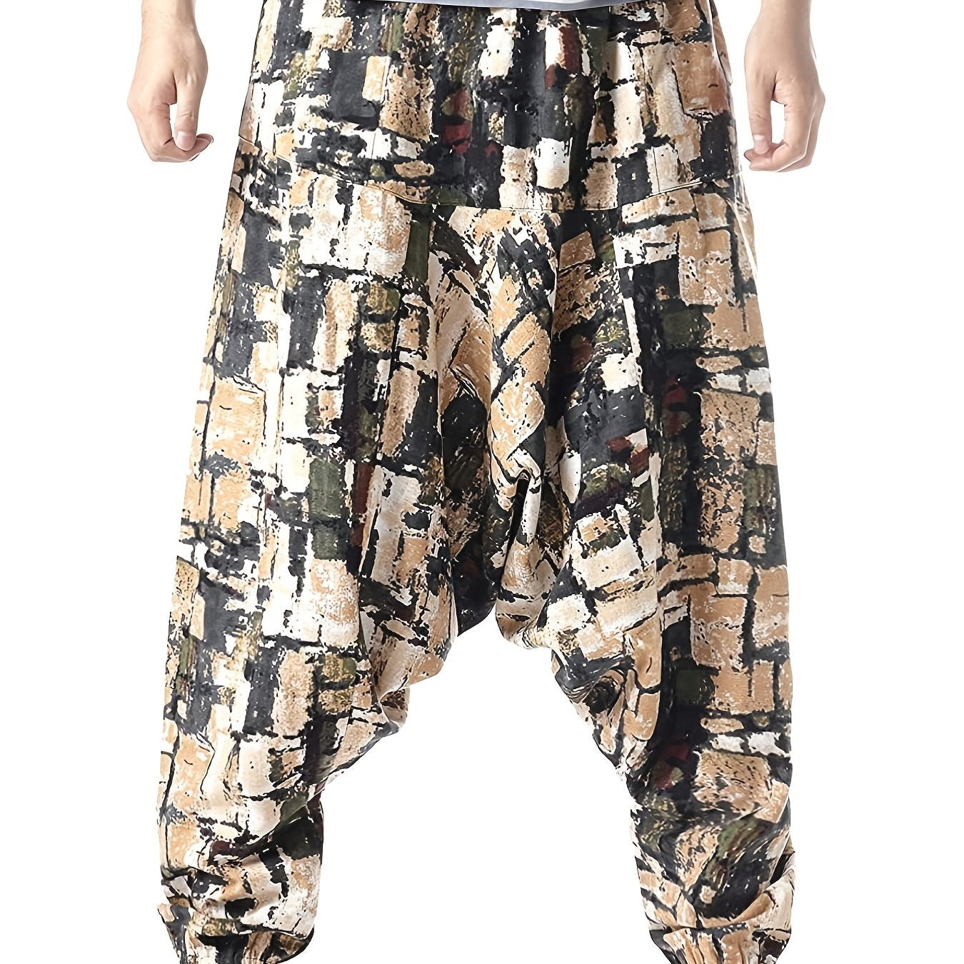 gbolsos Ethnic Pattern Vintage Cotton Harem Pants, Men's Casual Drop Crotch Jogging Harem Pants For Spring Summer