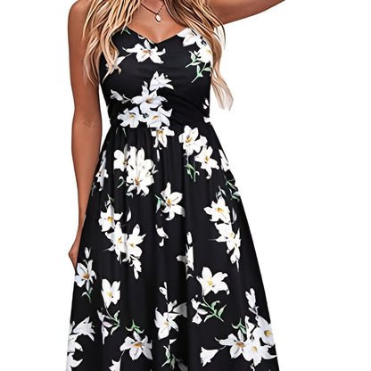 Floral Print V-neck Spaghetti Dress, Casual Backless Cami Dress, Women's Clothing