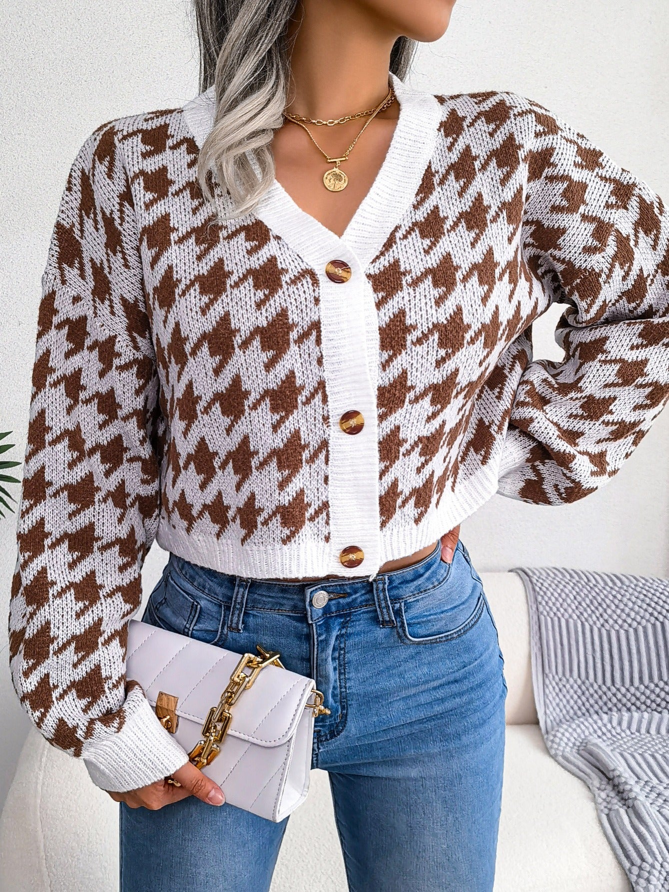 2025 gbolsos  Houndstooth Button Up Cardigan, Long Sleeve V Neck Casual Sweater, Women's Clothing