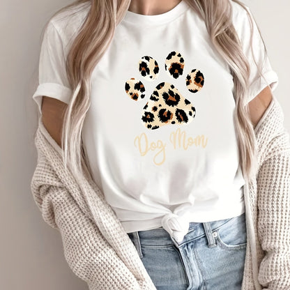 gbolsos  Women Funny Leopard Print Dog Mama Graphic Tee, Summer Casual Crew Neck T-shirt, Women's Clothing