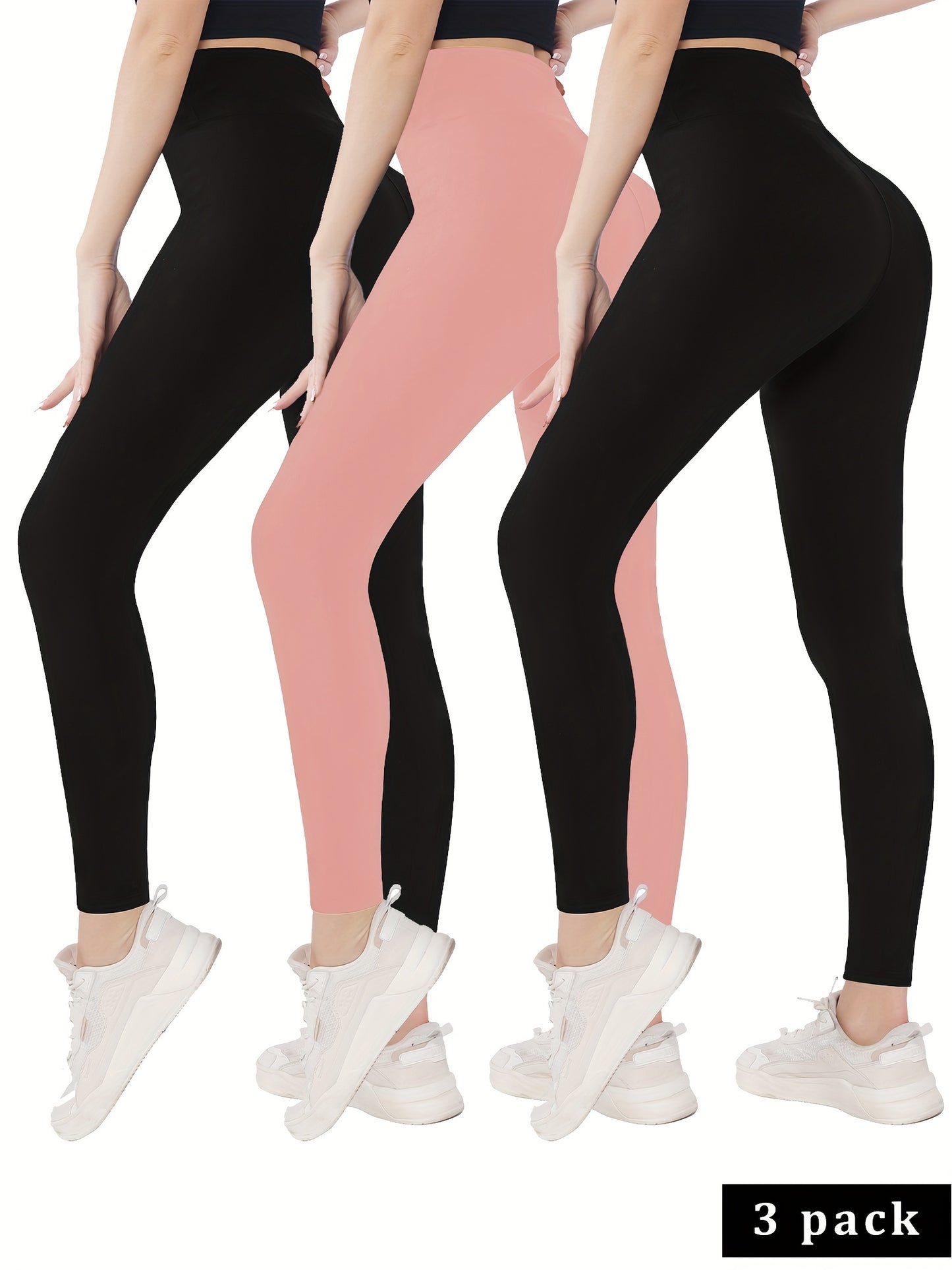 gbolsosSolid High Waist Skinny 3 Pieces Set Leggings, Workout Spring & Fall Leggings, Women's Clothing