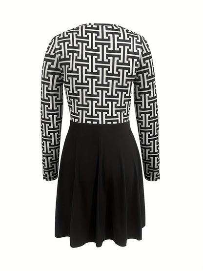 gbolsos  Abstract Print Splicing Dress, Elegant Surplice Neck Long Sleeve Dress, Women's Clothing