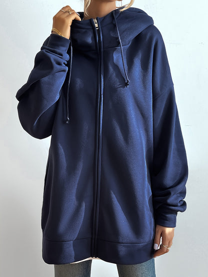 gbolsosSolid Color Casual Sports Hooded Zipper Sweatshirs, Long Sleeve Drawstring Hoodie, Women's Sporty Sweatshirts