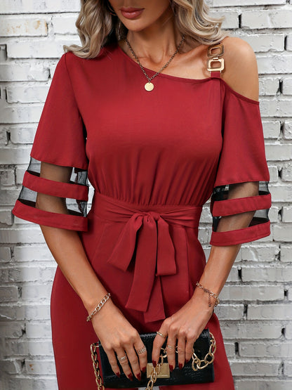 Chain Wide Leg Jumpsuit, Casual High Waist Contrast Mesh Jumpsuit, Women's Clothing