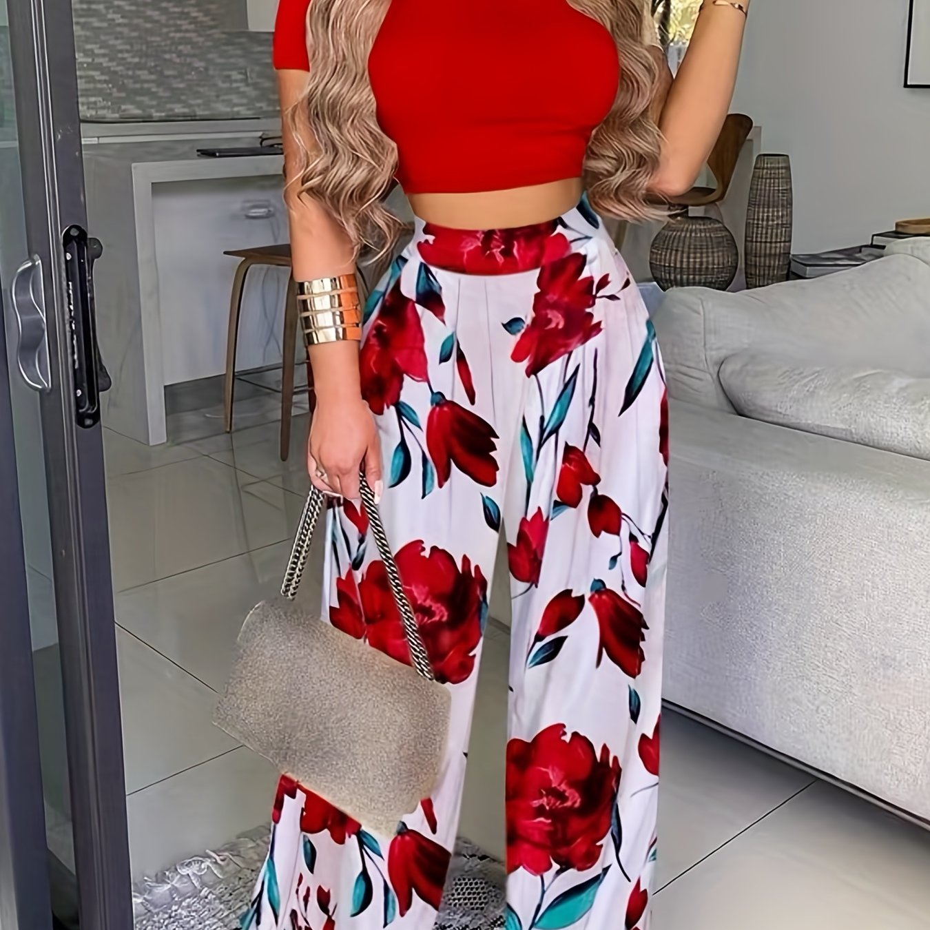 2025 gbolsos  Boho Summer Two Pieces Set, Cropped Solid Short Sleeve T-shirt & High Waist Floral Print Wide Leg Pants Outfits, Women's Clothing