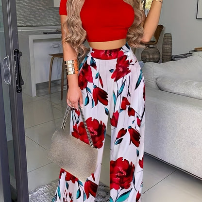 2025 gbolsos  Boho Summer Two Pieces Set, Cropped Solid Short Sleeve T-shirt & High Waist Floral Print Wide Leg Pants Outfits, Women's Clothing
