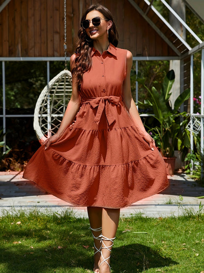 gbolsos  Shirt Collar Belted Tiered Dress, Sleeveless Summer Vacation Casual Dress, Women's Clothing