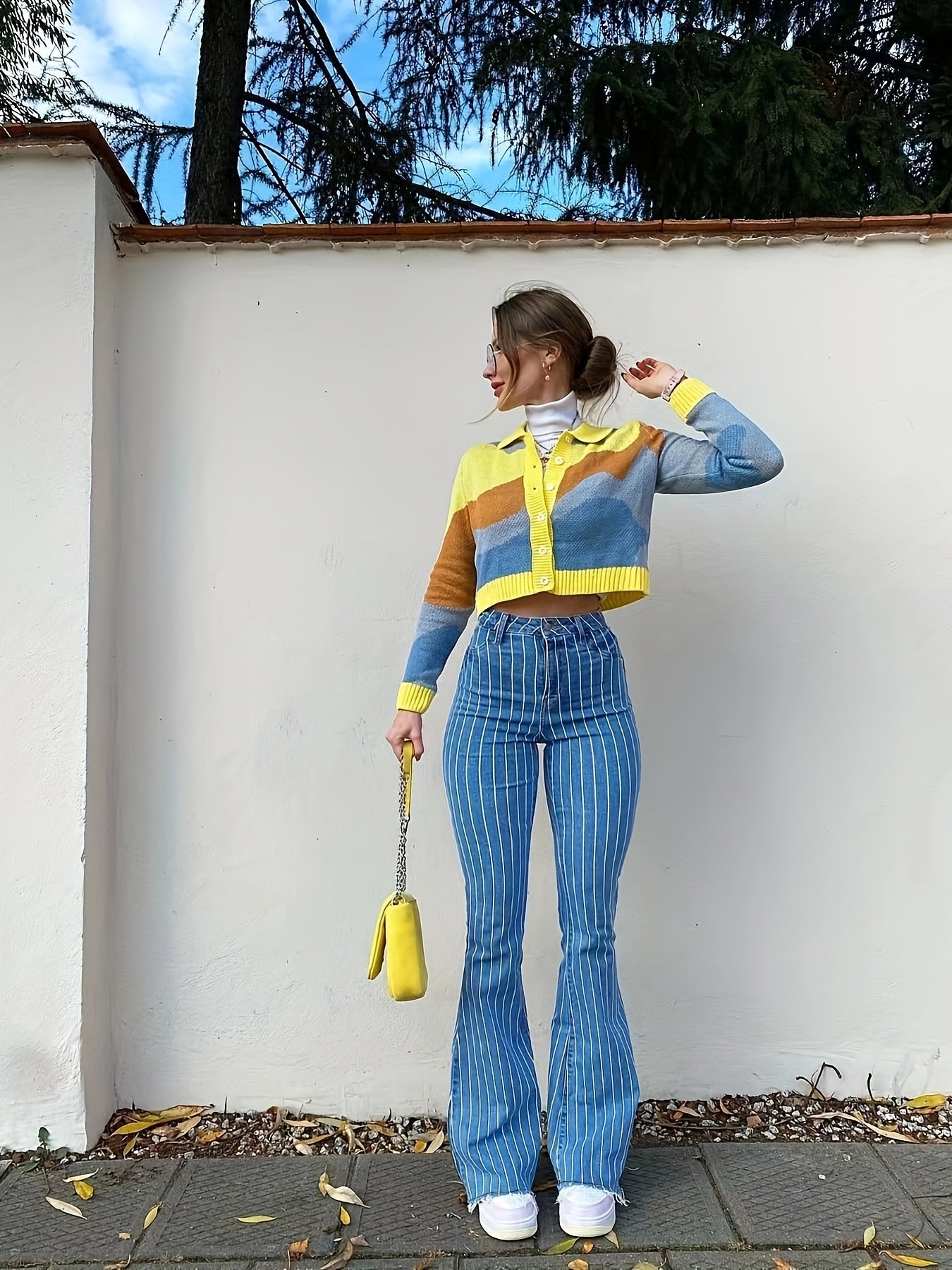 gbolsos Strip Print Raw Hem Flare Leg Jeand, High Rise Vintage Retro Y2K High Strech Bell Bottom Denim Pants, Women's Denim Jeans & Clothing