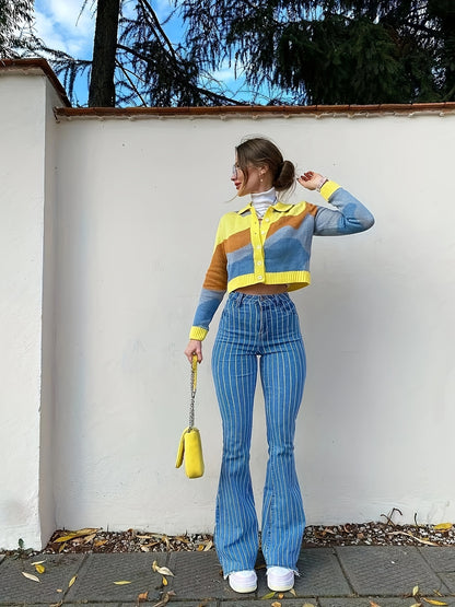 gbolsos Strip Print Raw Hem Flare Leg Jeand, High Rise Vintage Retro Y2K High Strech Bell Bottom Denim Pants, Women's Denim Jeans & Clothing