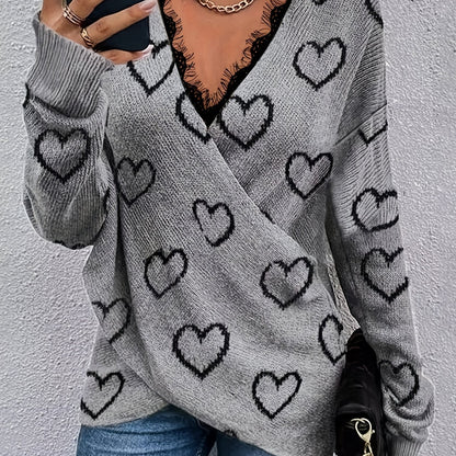 gbolsos  Heart Pattern Lace V Neck Pullover Sweater, Elegant Cross Front Long Sleeve Sweater For Fall & Winter, Women's Clothing
