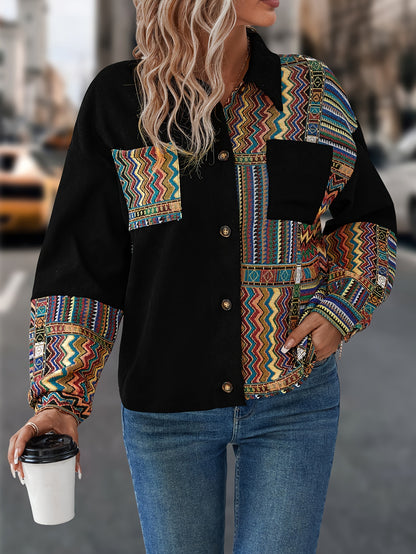 Patchwork Print Patched Pockets Jacket, Ethnic Color Block Single Button Jacket, Women's Clothing