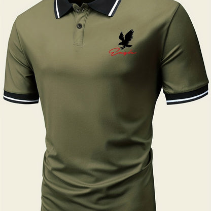 Horse Pattern Casual Slightly Stretch Button Front Short Sleeve Polo Shirt, Men's Clothes For Summer