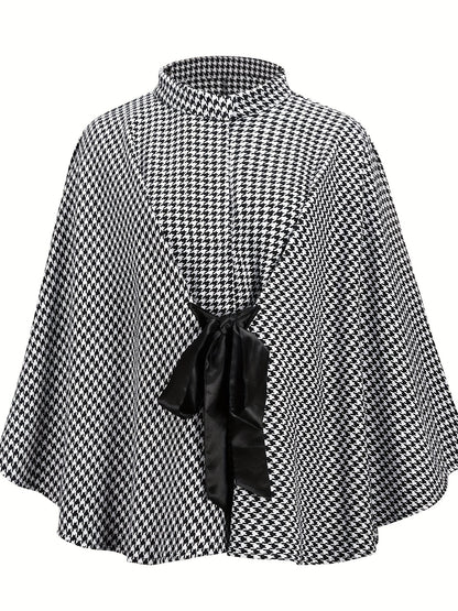 gbolsos  Houndstooth Print Cape Top, Casual Tie Front Loose Outerwear, Women's Clothing