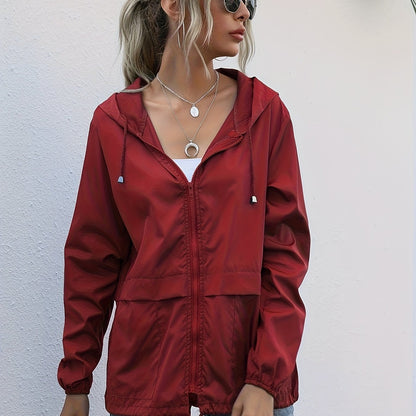 gbolsos  Zip Up Drawstring Raincoat, Casual Solid Hooded Long Sleeve Outerwear, Women's Clothing