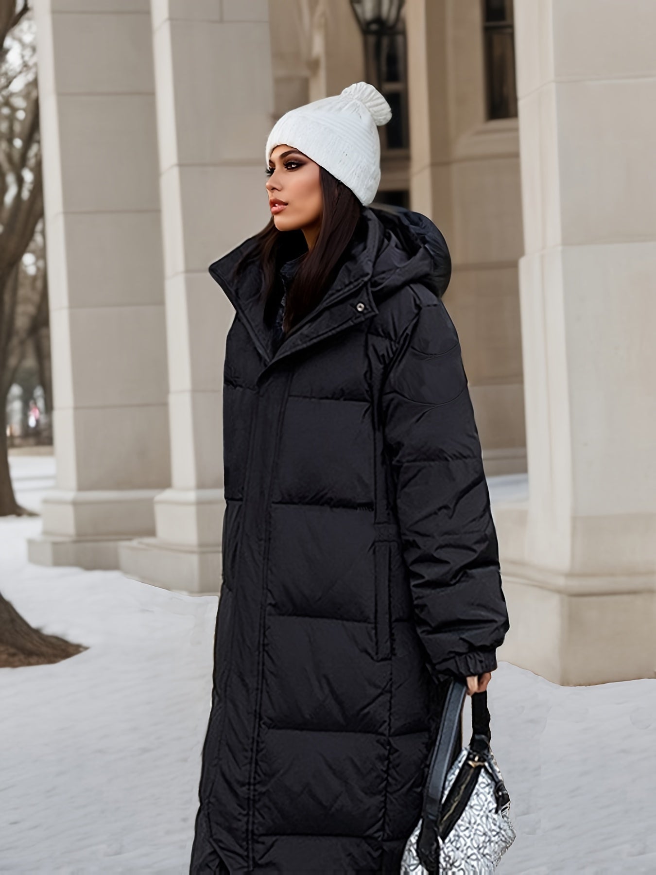 Hooded Mid Length Warm Coat, Casual Solid Long Sleeve Winter Outerwear, Women's Clothing