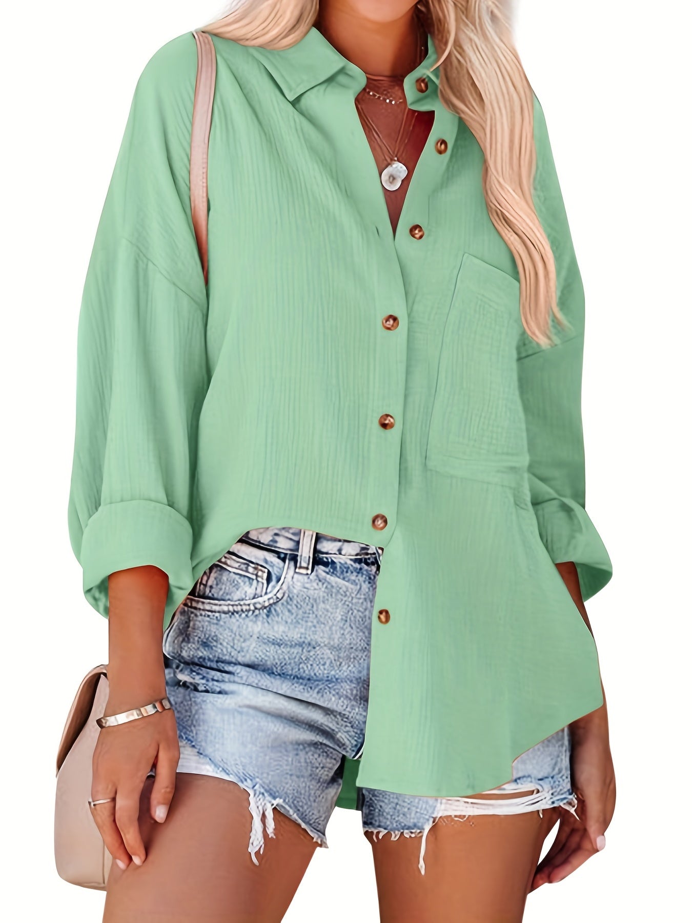Solid Drop Shoulder Shirt, Casual Button Front Turn Down Collar Shirt With Pocket, Women's Clothing