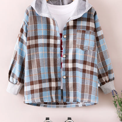 gbolsos  Boys Fashion Plaid Hooded Jacket, Long Sleeve Button Down Hooded Jacket, Kids Clothing