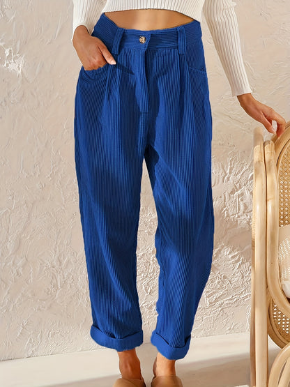 gbolsos Corduroy Straight Leg Pants, Solid High Waist Slant Pocket Pants, Casual Every Day Pants, Women's Clothing