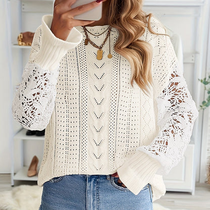 gbolsos  Contrast Lace Eyelet Knit Sweater, Casual Crew Neck Long Sleeve Sweater, Women's Clothing