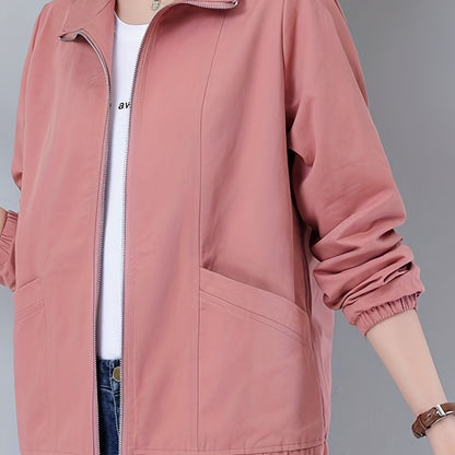 gbolsos  Zip Up Pocket Front Jacket, Casual Long Sleeve Solid Outerwear, Women's Clothing