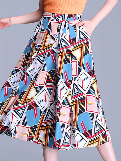 gbolsos  Geometric Print Culottes, Boho High Waist Wide Leg Cropped Pants, Women's Clothing