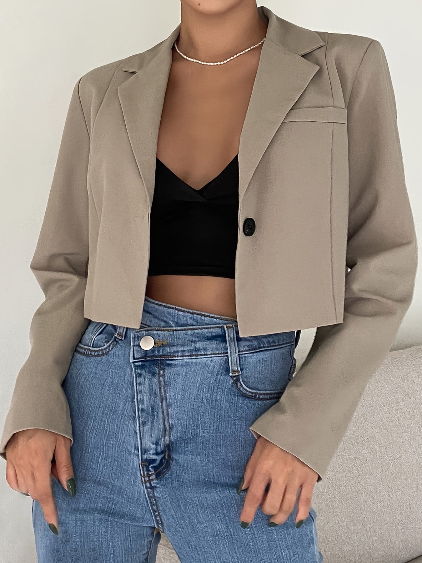 gbolsos  Cropped Solid Lapel Blazer, Elegant Open Front Long Sleeve Outerwear, Women's Clothing