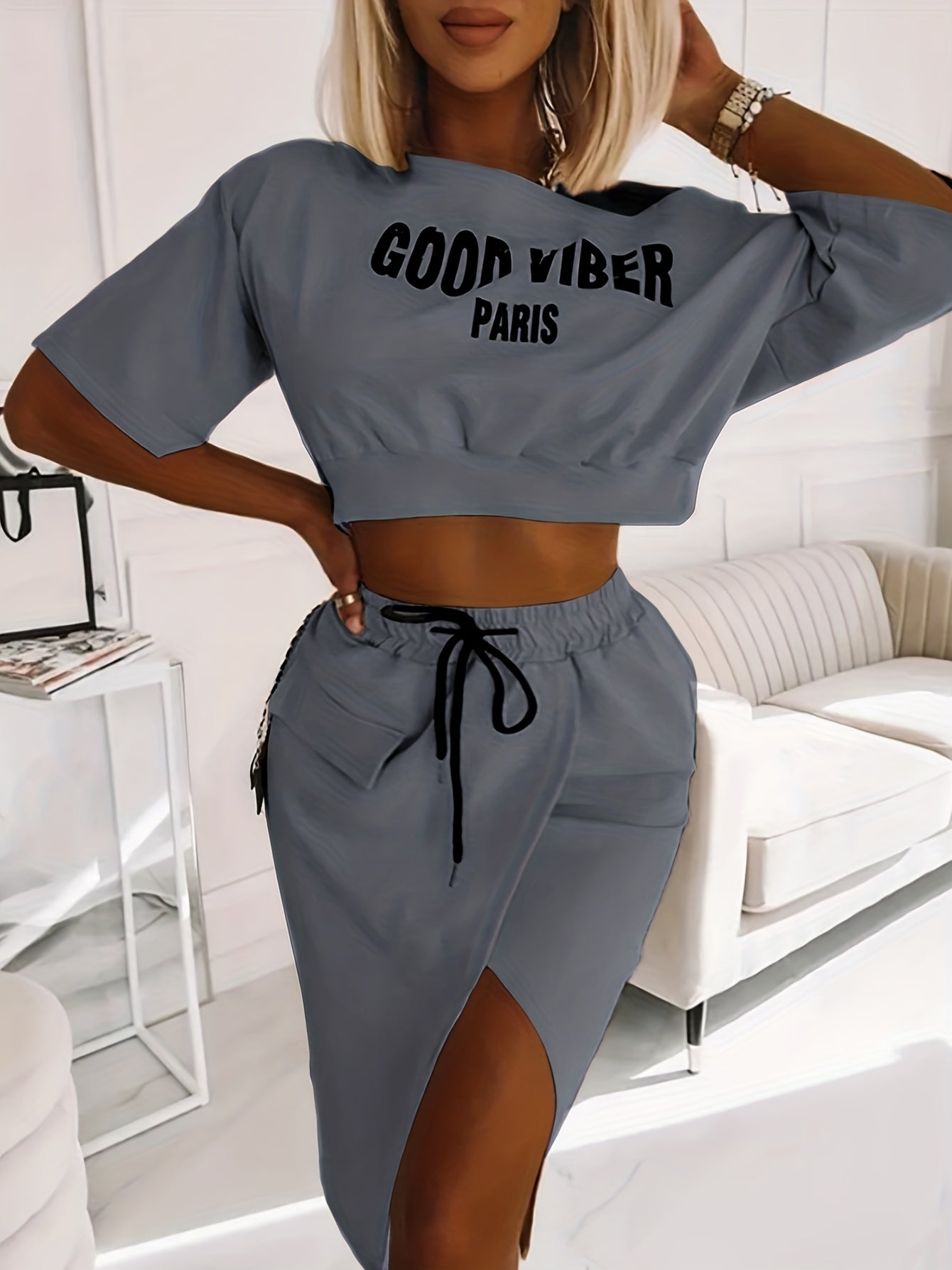 2025 elveswallet  Plus Size Casual Outfits Two Piece Set, Women's Plus Letter Print One Shoulder Short Sleeve Top & Drawstring Split Hem Knee Length Skirt Outfits 2 Piece Set