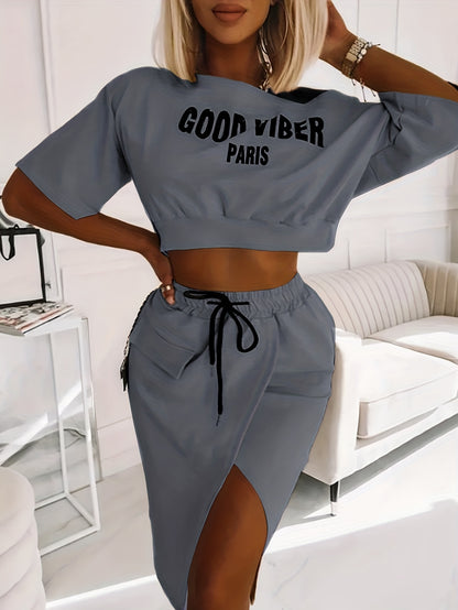 2025 elveswallet  Plus Size Casual Outfits Two Piece Set, Women's Plus Letter Print One Shoulder Short Sleeve Top & Drawstring Split Hem Knee Length Skirt Outfits 2 Piece Set