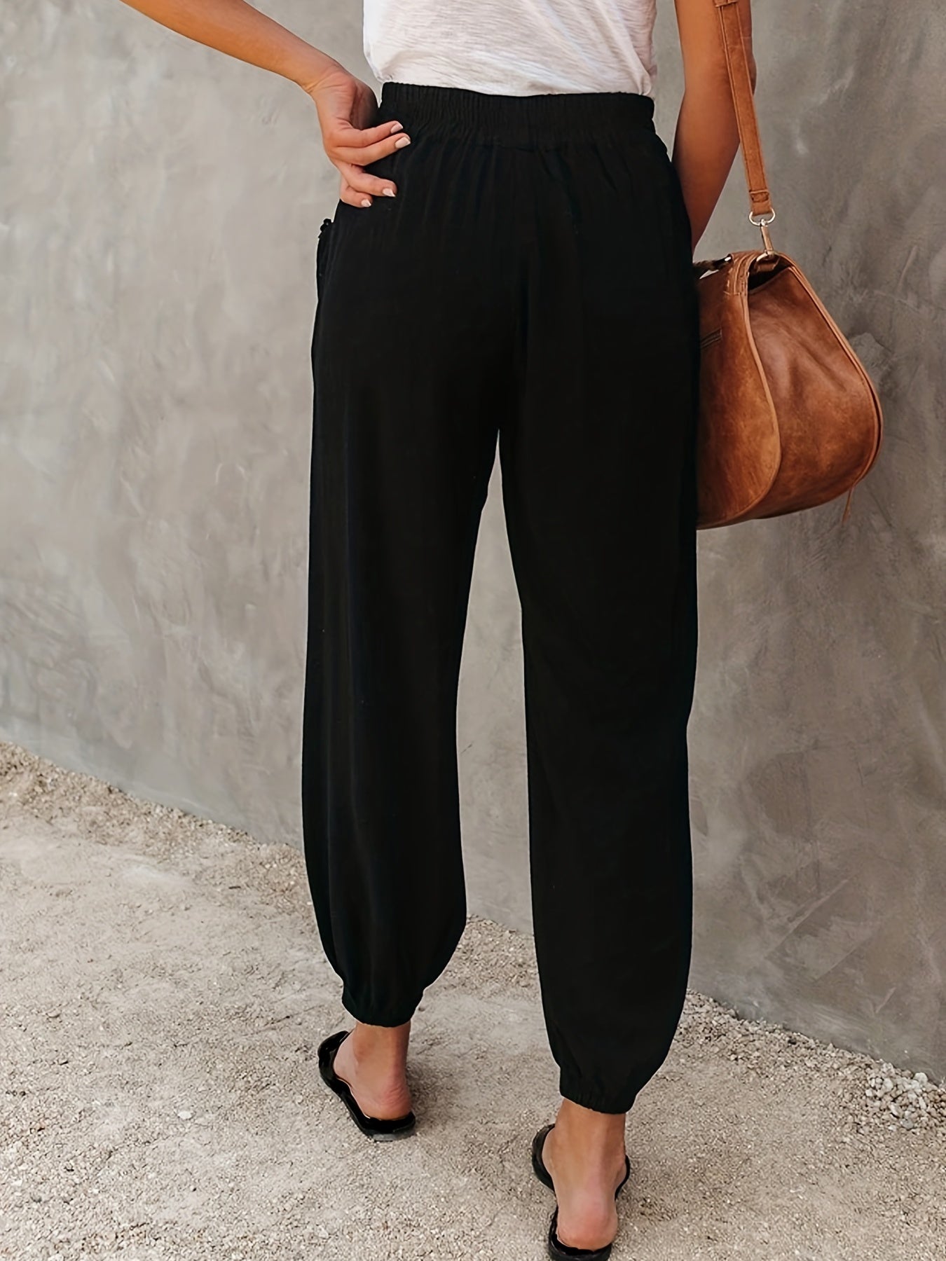 gbolsos  Solid Ruched Pants, Casual Elastic High Waist Cropped Pants With Pockets, Women's Clothing