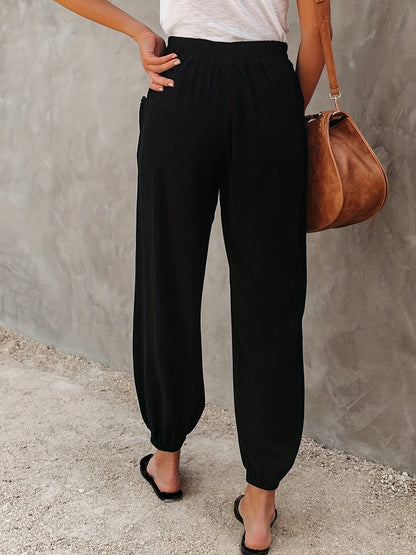 gbolsos  Solid Ruched Pants, Casual Elastic High Waist Cropped Pants With Pockets, Women's Clothing