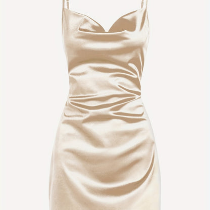 Solid Cowl Neck Spaghetti Dress, Sexy Tie Back Bodycon Cami Dress For Summer, Women's Clothing