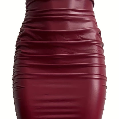 Ruched PU Leather Bodycon Skirt, Sexy High Waist Skirt For Nightclub, Women's Clothing