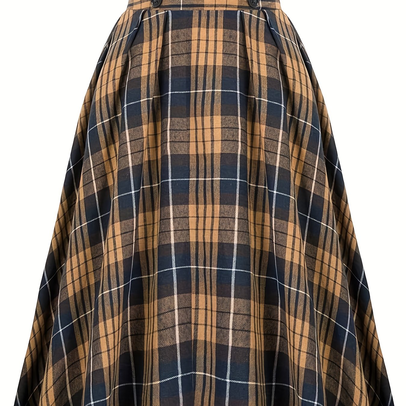 gbolsos  Plus Size Grunge Skirt, Women's Plus Plaid Print Button Decor Elastic Ruffle Skirt
