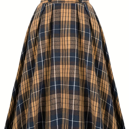 gbolsos  Plus Size Grunge Skirt, Women's Plus Plaid Print Button Decor Elastic Ruffle Skirt