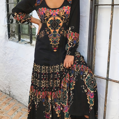 gbolsos  Ethnic Print Lantern Sleeve Dress, Casual Crew Neck Dress For Spring & Fall, Women's Clothing