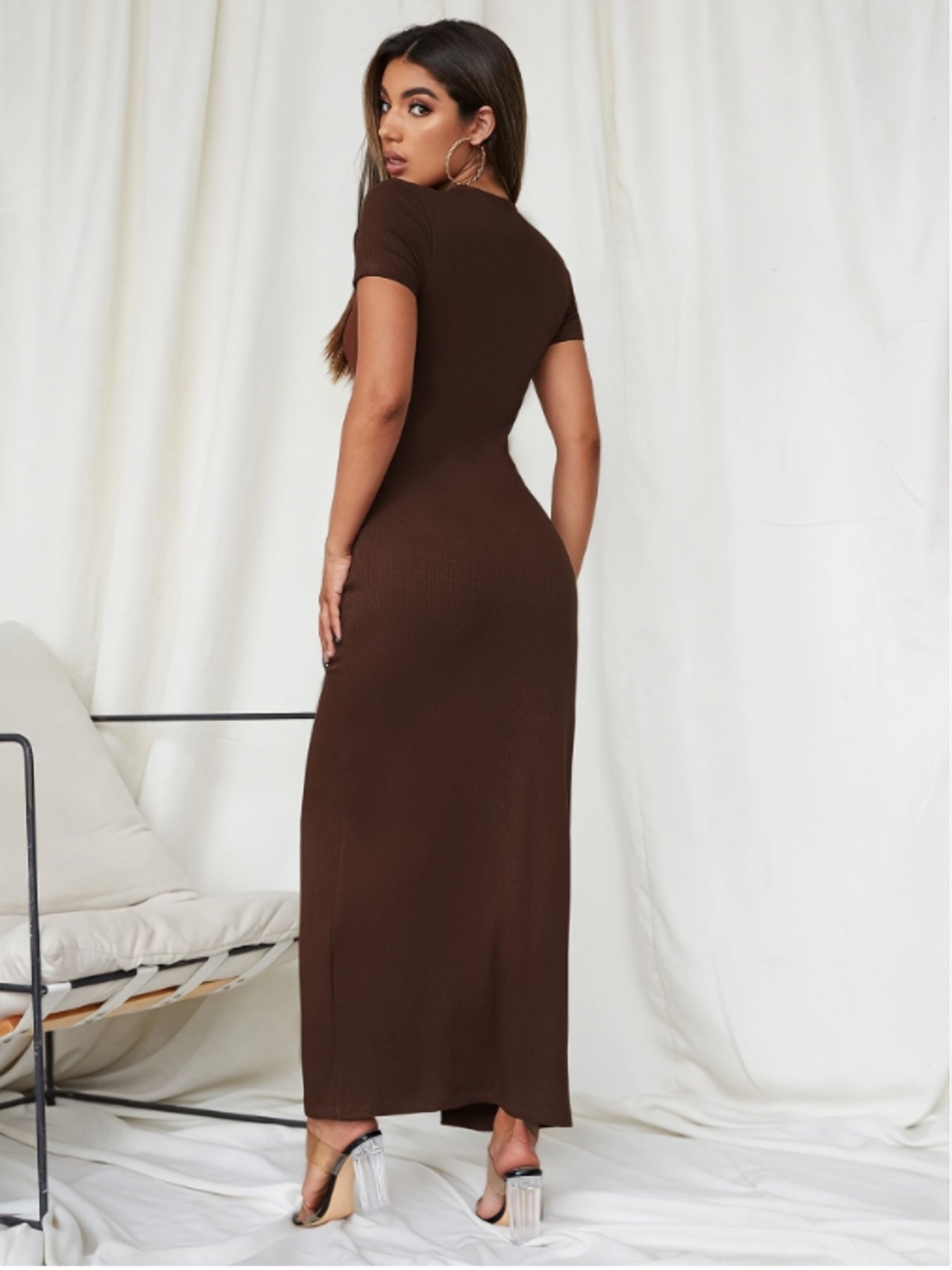 gbolsos  Button Front V Neck Short Sleeve Dress, Sexy Split Maxi Slim Dress, Women's Clothing