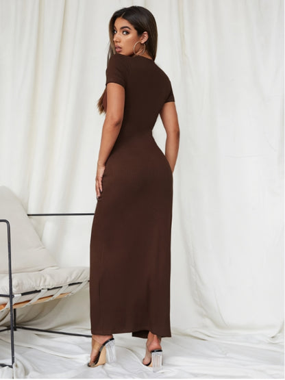 gbolsos  Button Front V Neck Short Sleeve Dress, Sexy Split Maxi Slim Dress, Women's Clothing