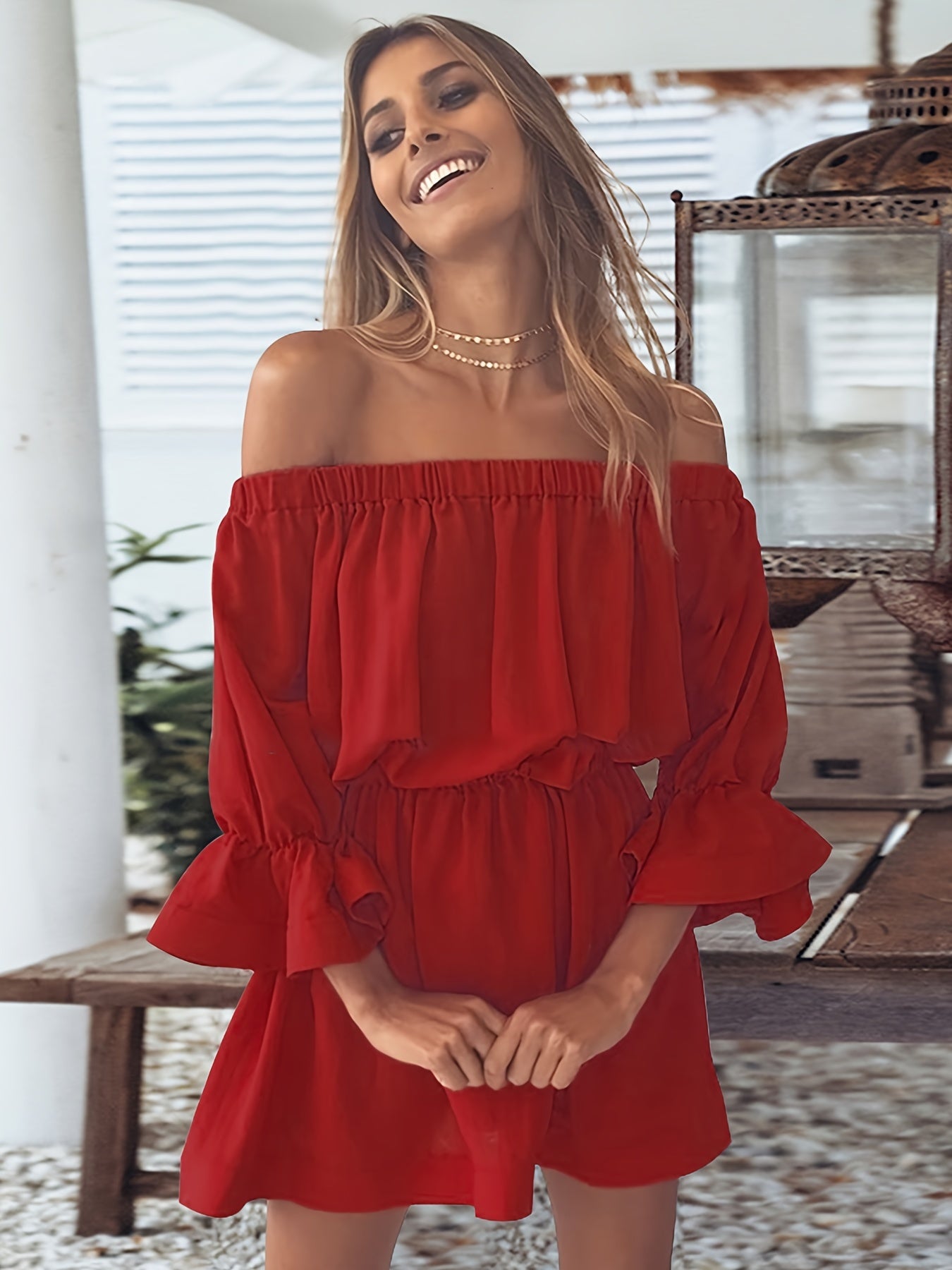 gbolsos  Solid Off Shoulder Lantern Sleeve Dress, Casual Summer Pleated Mini Dress, Women's Clothing