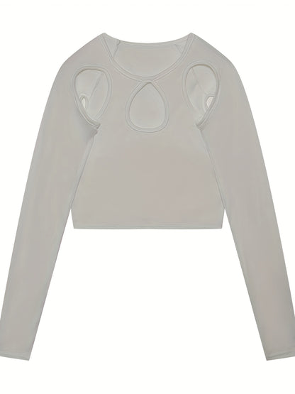 kkboxly  Sexy Cut Out Crop T-Shirt, Long Sleeve Loose Casual Top, Women's Clothing
