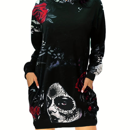 gbolsos  Skull & Flower Print Dress, Gothic Hooded Long Sleeve Mini Dress With Pockets, Women's Clothing