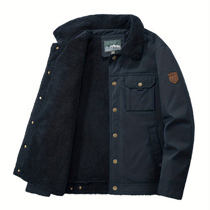 gbolsos  Warm Fleece Windbreaker Jacket, Men's Casual Lapel Multi Pocket Cargo Jacket Coat For Fall Winter Outdoor Activities