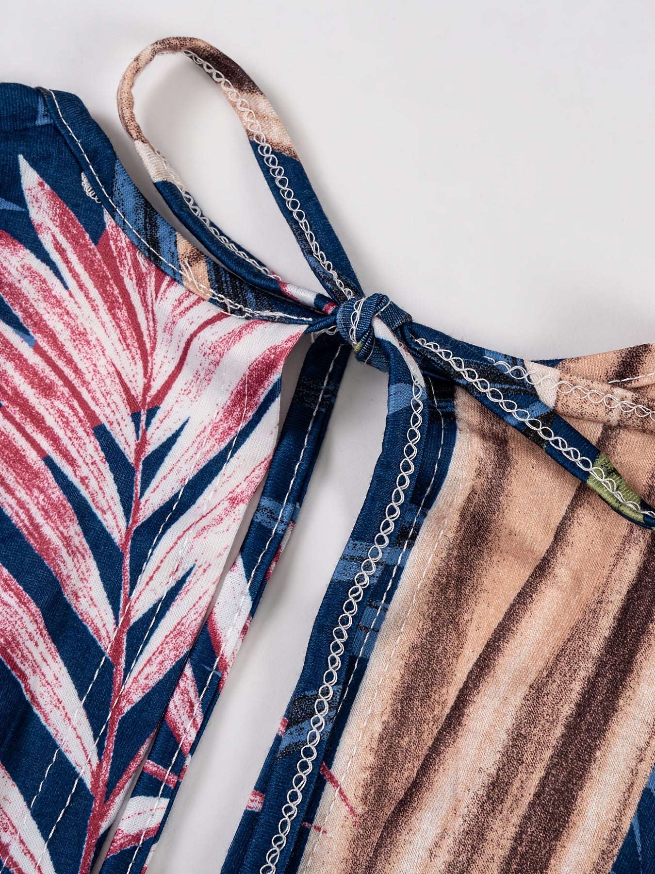 Tropical Print Tie Back Dress, Boho Shirred Short Sleeve V Neck Dress, Women's Clothing