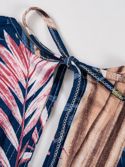 Tropical Print Tie Back Dress, Boho Shirred Short Sleeve V Neck Dress, Women's Clothing