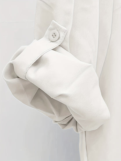 gbolsos  Solid Button Down Shirt, Casual Lapel Long Sleeve Curved Hem Shirt, Women's Clothing