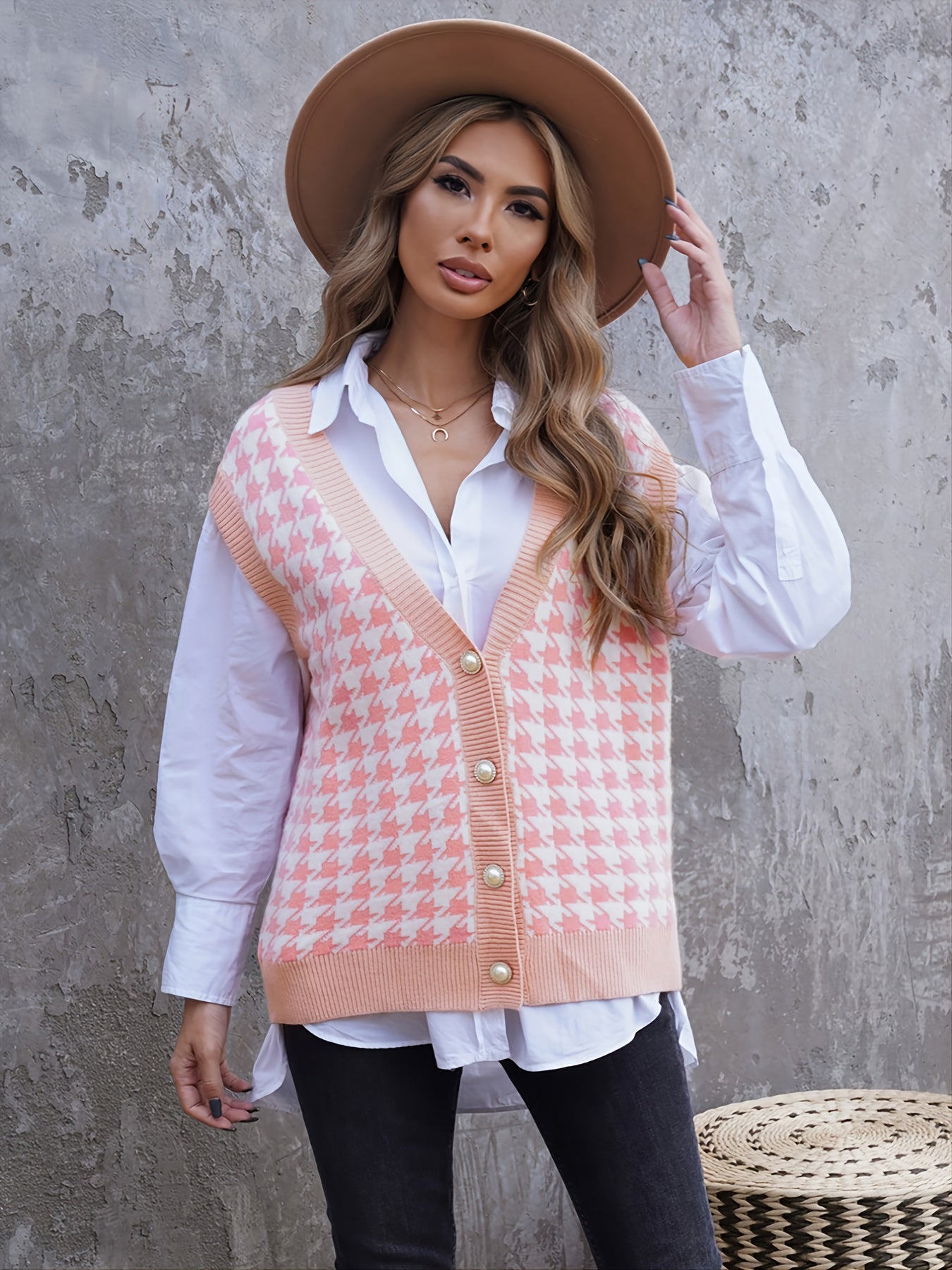2025 gbolsos  Houndstooth Sweater Vests, Casual Loose V-Neck Sleeveless Fall Winter Knit Sweater Vest, Women's Clothing